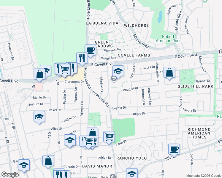 map of restaurants, bars, coffee shops, grocery stores, and more near 1409 Birch Lane in Davis