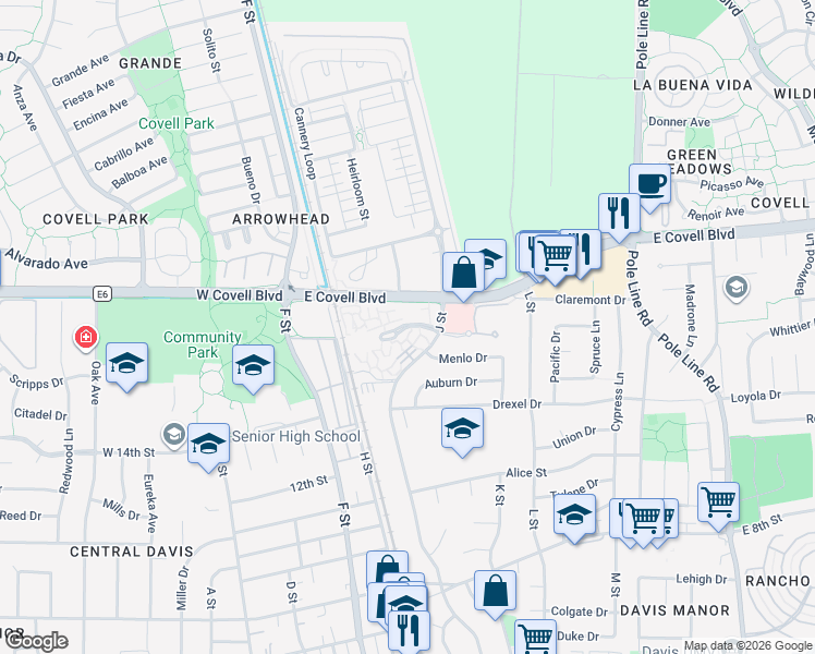 map of restaurants, bars, coffee shops, grocery stores, and more near 1098 Cranbrook Court in Davis