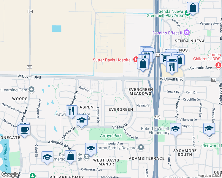 map of restaurants, bars, coffee shops, grocery stores, and more near 1512 Shasta Drive in Davis
