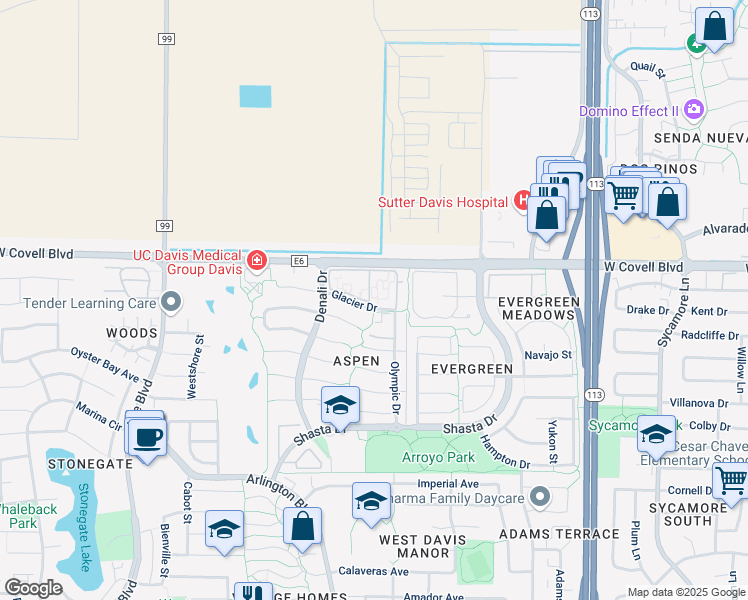 map of restaurants, bars, coffee shops, grocery stores, and more near 2205 Isle Royale Lane in Davis