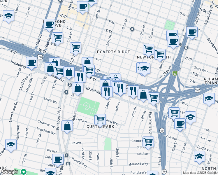 map of restaurants, bars, coffee shops, grocery stores, and more near in Sacramento