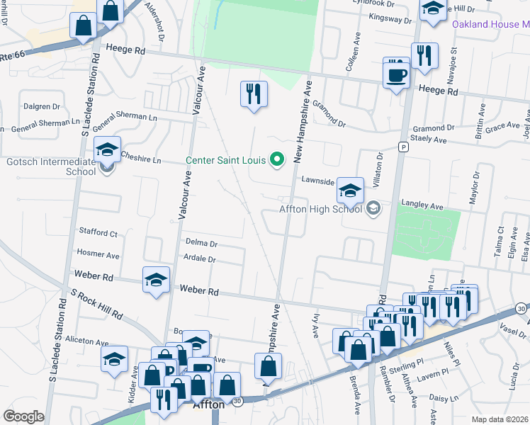 map of restaurants, bars, coffee shops, grocery stores, and more near 6736 Highland House Court in Affton