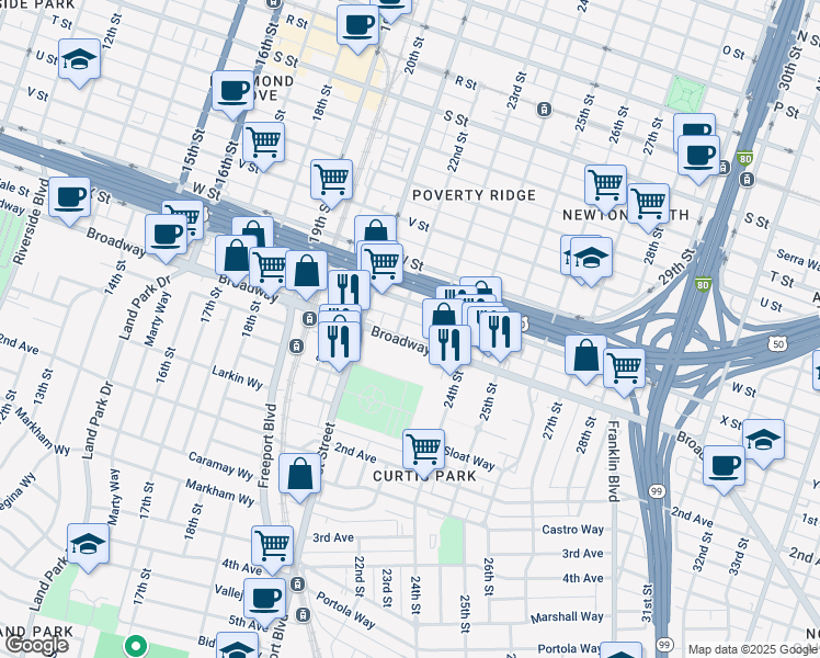 map of restaurants, bars, coffee shops, grocery stores, and more near 2110-2298 Broadway in Sacramento