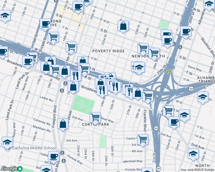 map of restaurants, bars, coffee shops, grocery stores, and more near in Sacramento