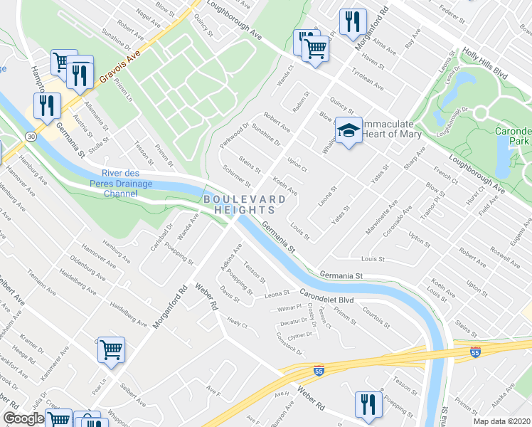 map of restaurants, bars, coffee shops, grocery stores, and more near 4117 Germania Street in St. Louis