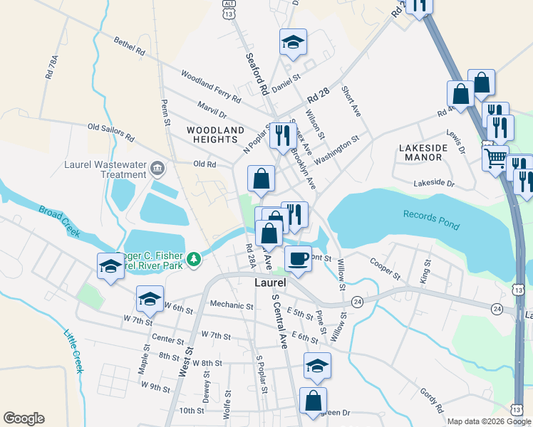 map of restaurants, bars, coffee shops, grocery stores, and more near 315 North Central Avenue in Laurel