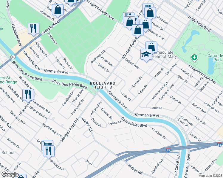 map of restaurants, bars, coffee shops, grocery stores, and more near 7500 Morgan Ford Road in St. Louis