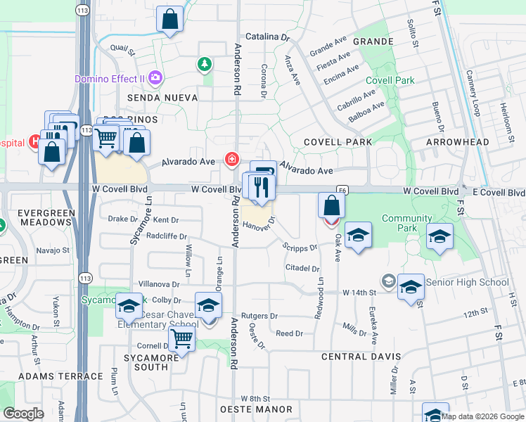 map of restaurants, bars, coffee shops, grocery stores, and more near 640 West Covell Boulevard in Davis