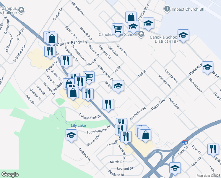 map of restaurants, bars, coffee shops, grocery stores, and more near 1326 Saint Zita in Cahokia