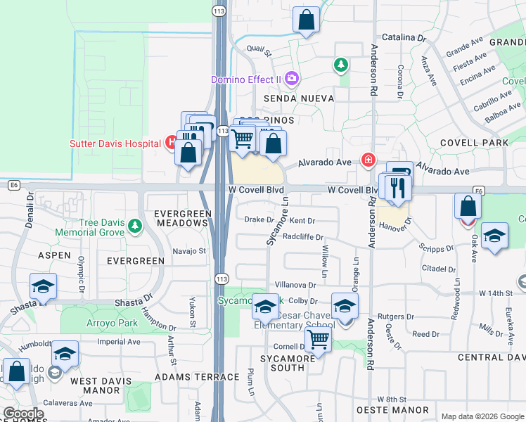 map of restaurants, bars, coffee shops, grocery stores, and more near 1351 Drake Drive in Davis