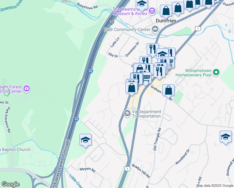 map of restaurants, bars, coffee shops, grocery stores, and more near 18096 Tompkins Court in Dumfries