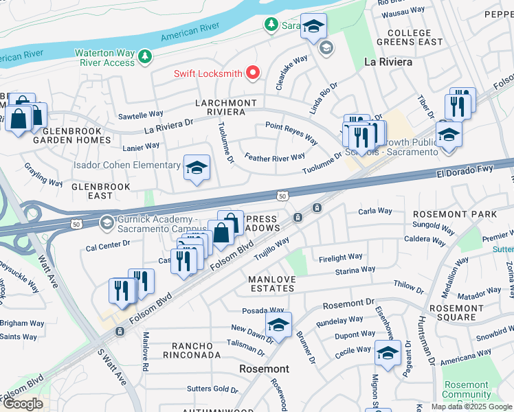 map of restaurants, bars, coffee shops, grocery stores, and more near 9090 Salmon Falls Drive in Sacramento