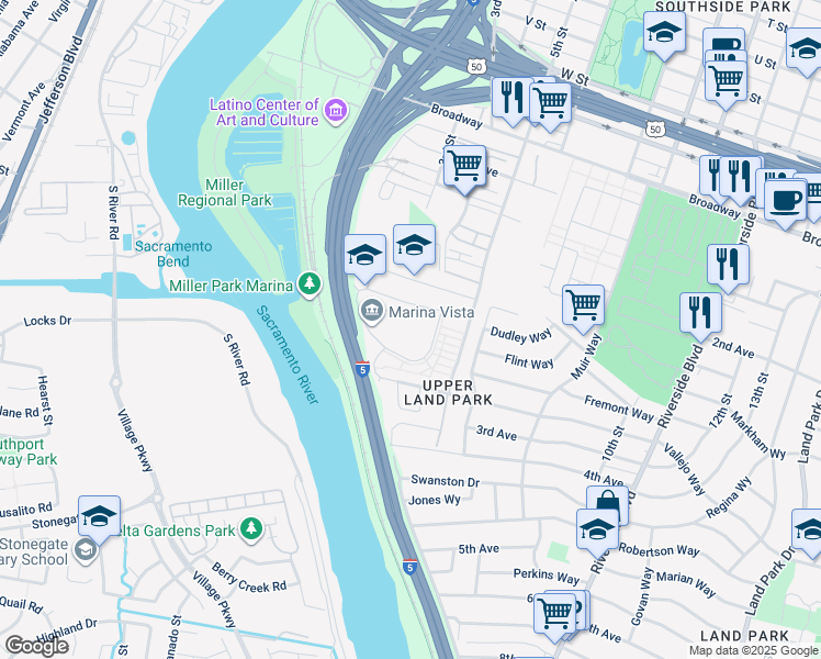 map of restaurants, bars, coffee shops, grocery stores, and more near 30-90 Seavey Circle in Sacramento