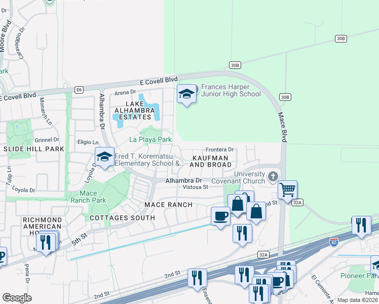 map of restaurants, bars, coffee shops, grocery stores, and more near 4007 Frontera Drive in Davis
