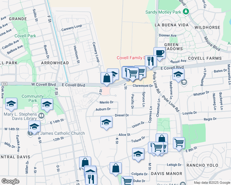 map of restaurants, bars, coffee shops, grocery stores, and more near 1608 East Covell Boulevard in Davis
