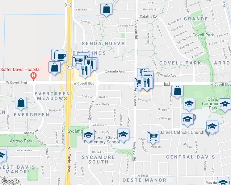 map of restaurants, bars, coffee shops, grocery stores, and more near 919 Drake Drive in Davis