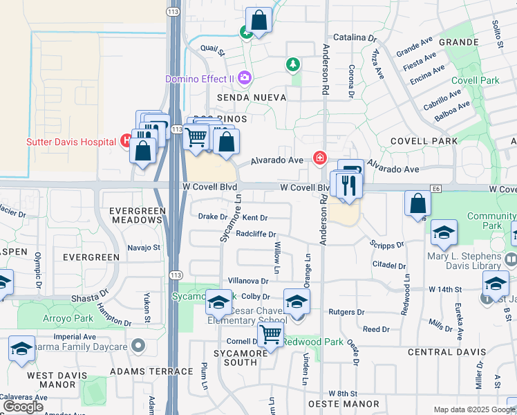 map of restaurants, bars, coffee shops, grocery stores, and more near 1111 Drake Drive in Davis