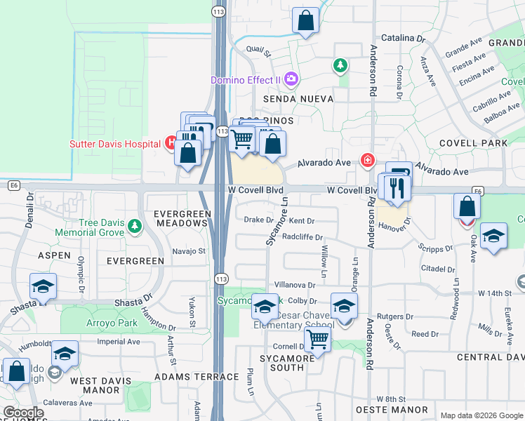 map of restaurants, bars, coffee shops, grocery stores, and more near 1351 Drake Drive in Davis