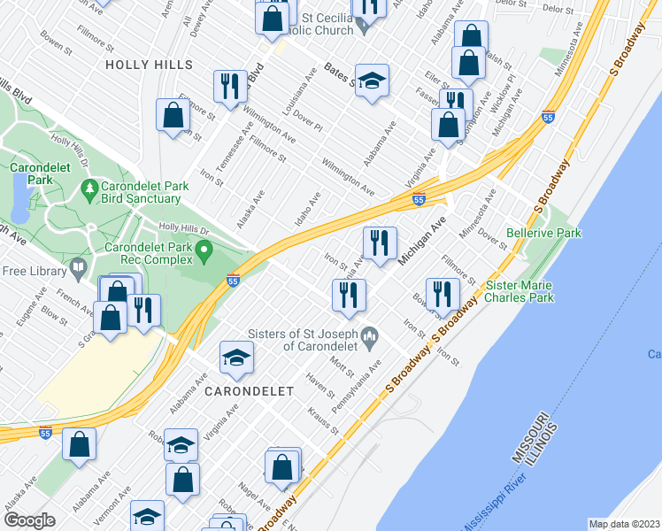 map of restaurants, bars, coffee shops, grocery stores, and more near 6215 Vermont Avenue in St. Louis