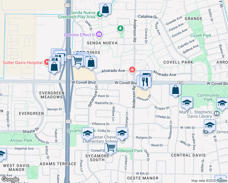 map of restaurants, bars, coffee shops, grocery stores, and more near 916 Drake Drive in Davis