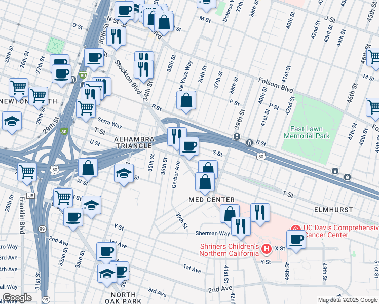 map of restaurants, bars, coffee shops, grocery stores, and more near 3700 S Street in Sacramento