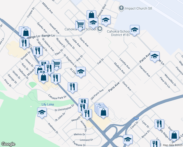 map of restaurants, bars, coffee shops, grocery stores, and more near 1403 Richard Drive in Cahokia