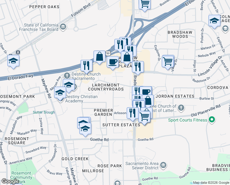 map of restaurants, bars, coffee shops, grocery stores, and more near 3425 Hanks Street in Sacramento
