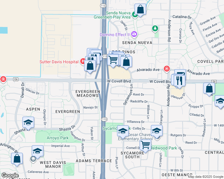 map of restaurants, bars, coffee shops, grocery stores, and more near 1502 Drake Drive in Davis