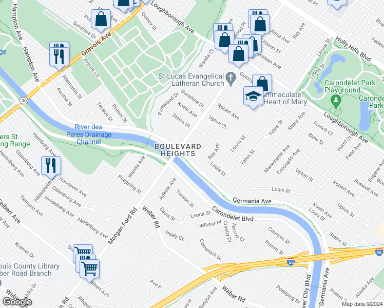 map of restaurants, bars, coffee shops, grocery stores, and more near 4125 Germania Street in St. Louis