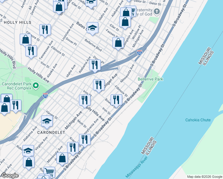 map of restaurants, bars, coffee shops, grocery stores, and more near 6017 Minnesota Avenue in St. Louis