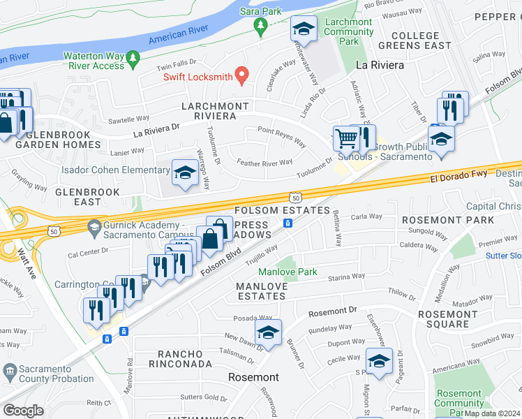 map of restaurants, bars, coffee shops, grocery stores, and more near 2928 Norcade Circle in Sacramento