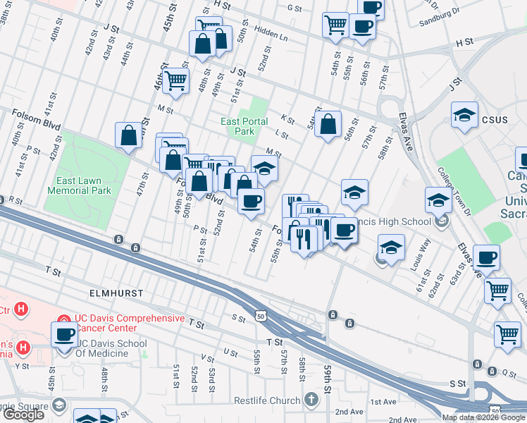 map of restaurants, bars, coffee shops, grocery stores, and more near 5305 N Street in Sacramento