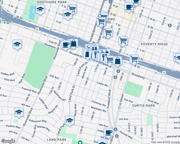 map of restaurants, bars, coffee shops, grocery stores, and more near 2567 16th Street in Sacramento
