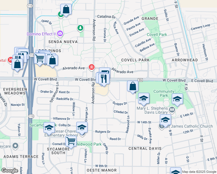 map of restaurants, bars, coffee shops, grocery stores, and more near 620 County Highway E6 in Davis