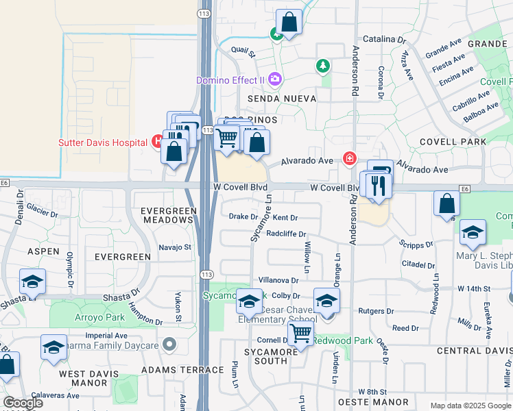 map of restaurants, bars, coffee shops, grocery stores, and more near 1931 Sycamore Lane in Davis