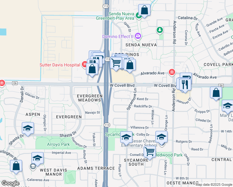 map of restaurants, bars, coffee shops, grocery stores, and more near 1400 West Covell Boulevard in Davis
