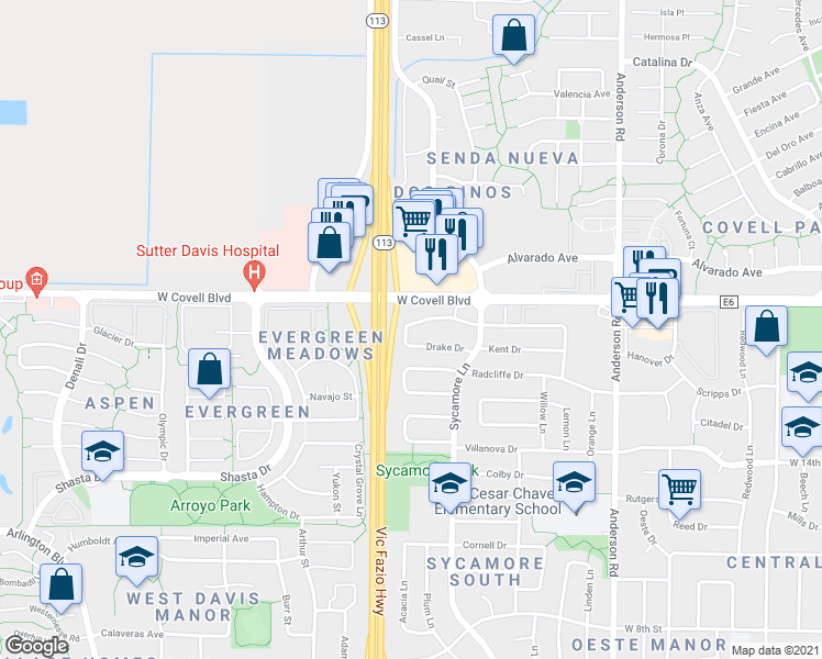 map of restaurants, bars, coffee shops, grocery stores, and more near 1400 West Covell Boulevard in Davis