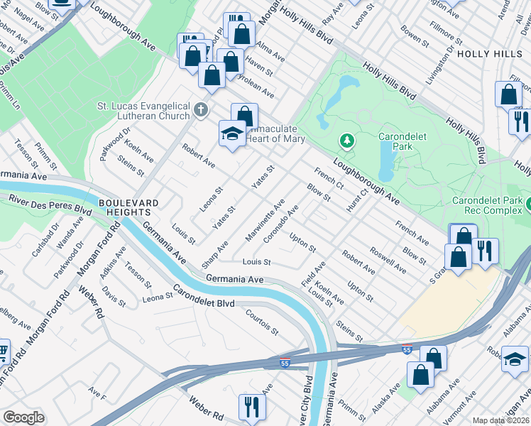 map of restaurants, bars, coffee shops, grocery stores, and more near 3940 Robert Avenue in St. Louis