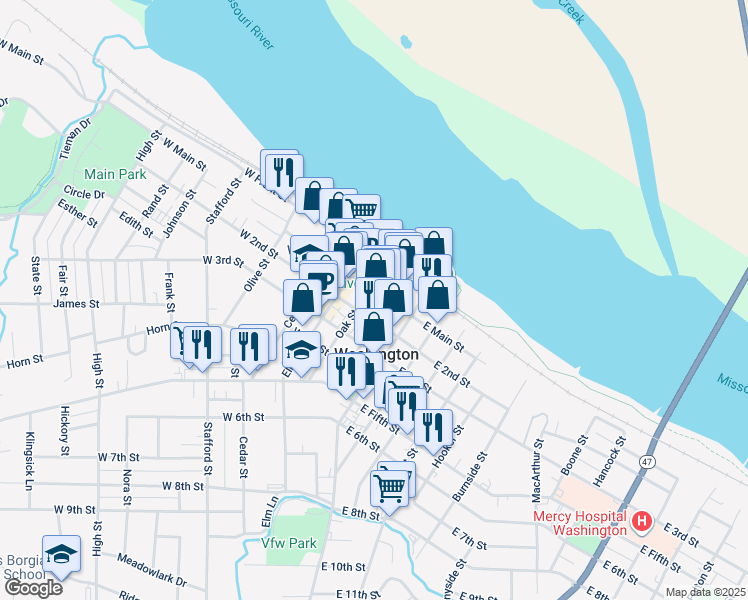 map of restaurants, bars, coffee shops, grocery stores, and more near 203 West Main Street in Washington