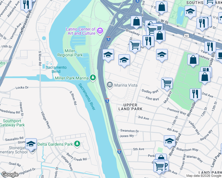 map of restaurants, bars, coffee shops, grocery stores, and more near 240 Seavey Circle in Sacramento