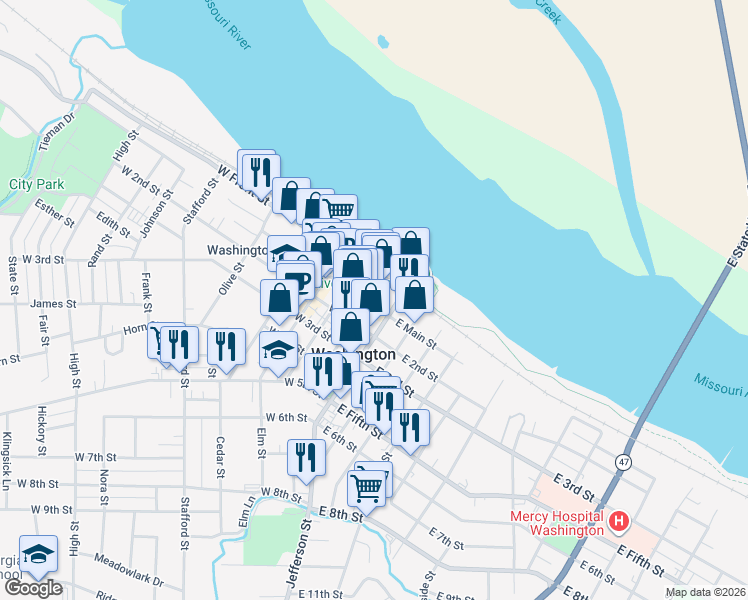 map of restaurants, bars, coffee shops, grocery stores, and more near 3 Lafayette Street in Washington