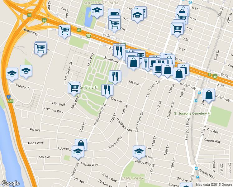 map of restaurants, bars, coffee shops, grocery stores, and more near 1144 Larkin Way in Sacramento