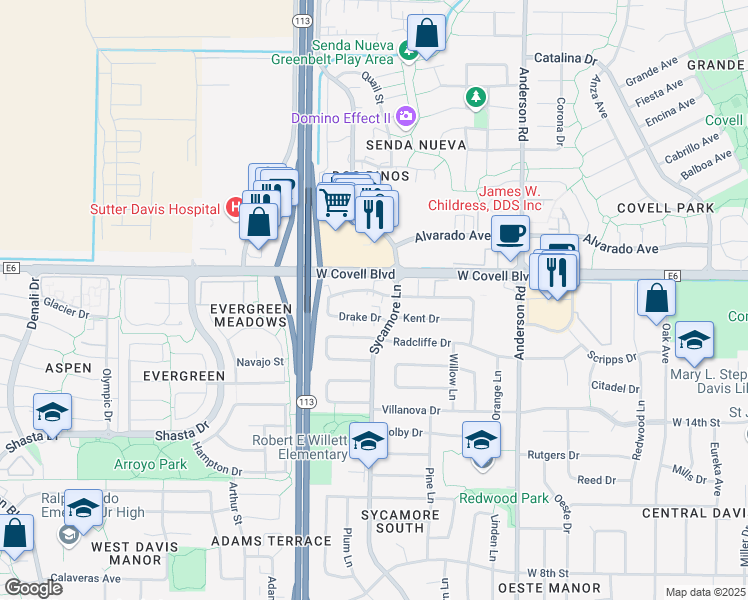 map of restaurants, bars, coffee shops, grocery stores, and more near 1332 Drake Drive in Davis
