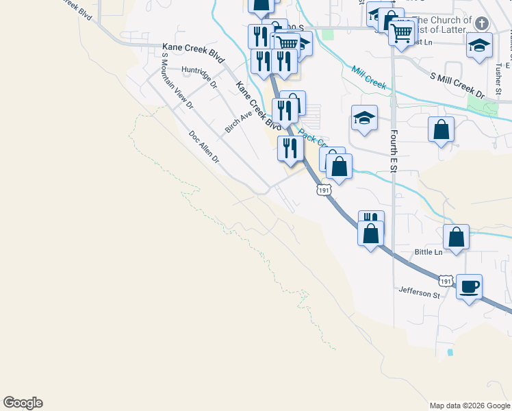 map of restaurants, bars, coffee shops, grocery stores, and more near 856 South Mountain View Drive in Moab