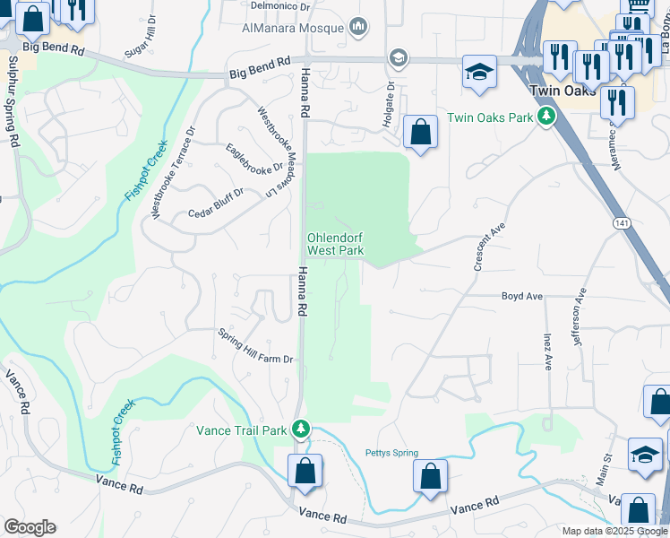 map of restaurants, bars, coffee shops, grocery stores, and more near 285 Crescent Road in Valley Park