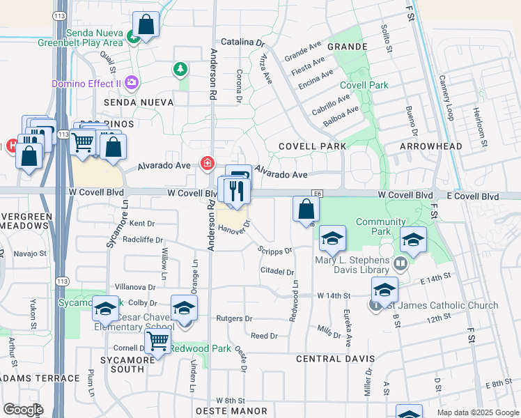 map of restaurants, bars, coffee shops, grocery stores, and more near 1850 Hanover Drive in Davis