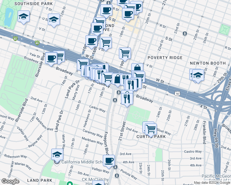 map of restaurants, bars, coffee shops, grocery stores, and more near in Sacramento