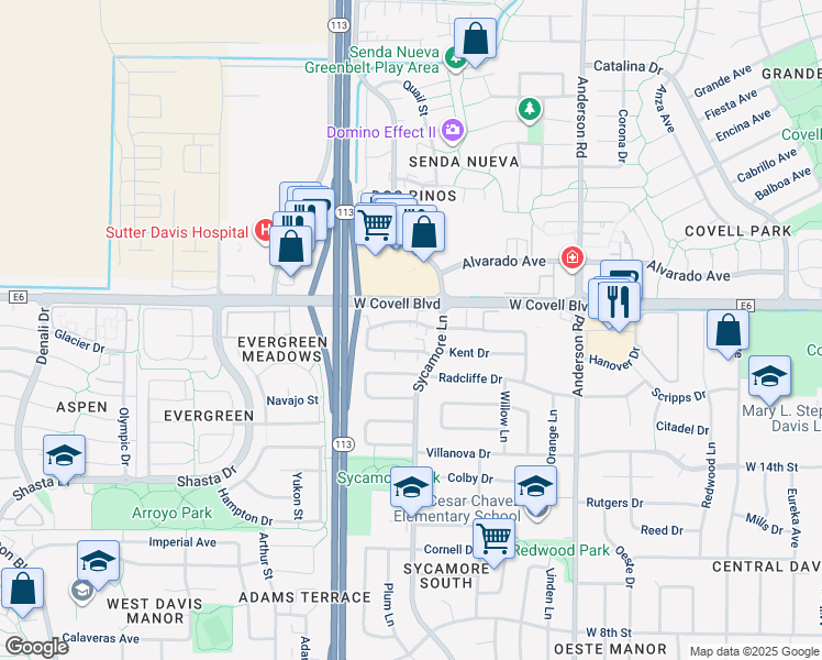 map of restaurants, bars, coffee shops, grocery stores, and more near 1351 Drake Drive in Davis