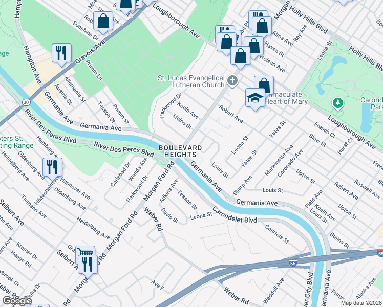 map of restaurants, bars, coffee shops, grocery stores, and more near 7500 Morgan Ford Road in St. Louis