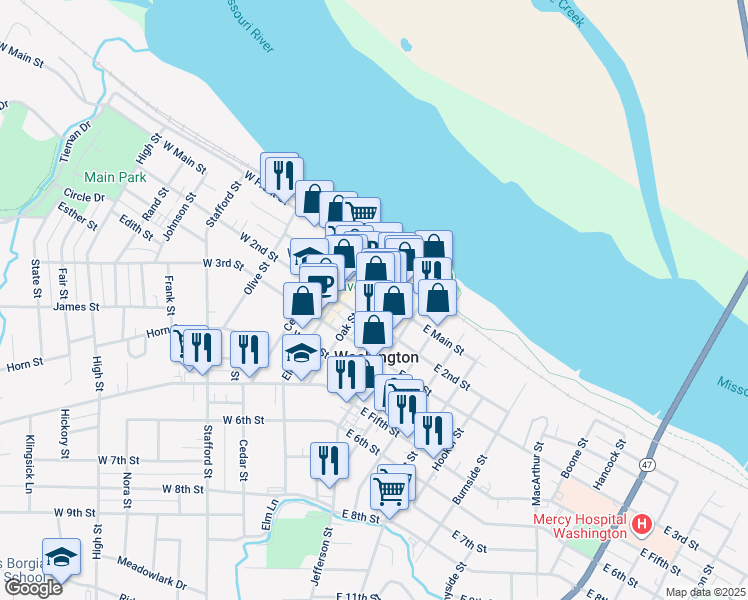 map of restaurants, bars, coffee shops, grocery stores, and more near 203 West Main Street in Washington